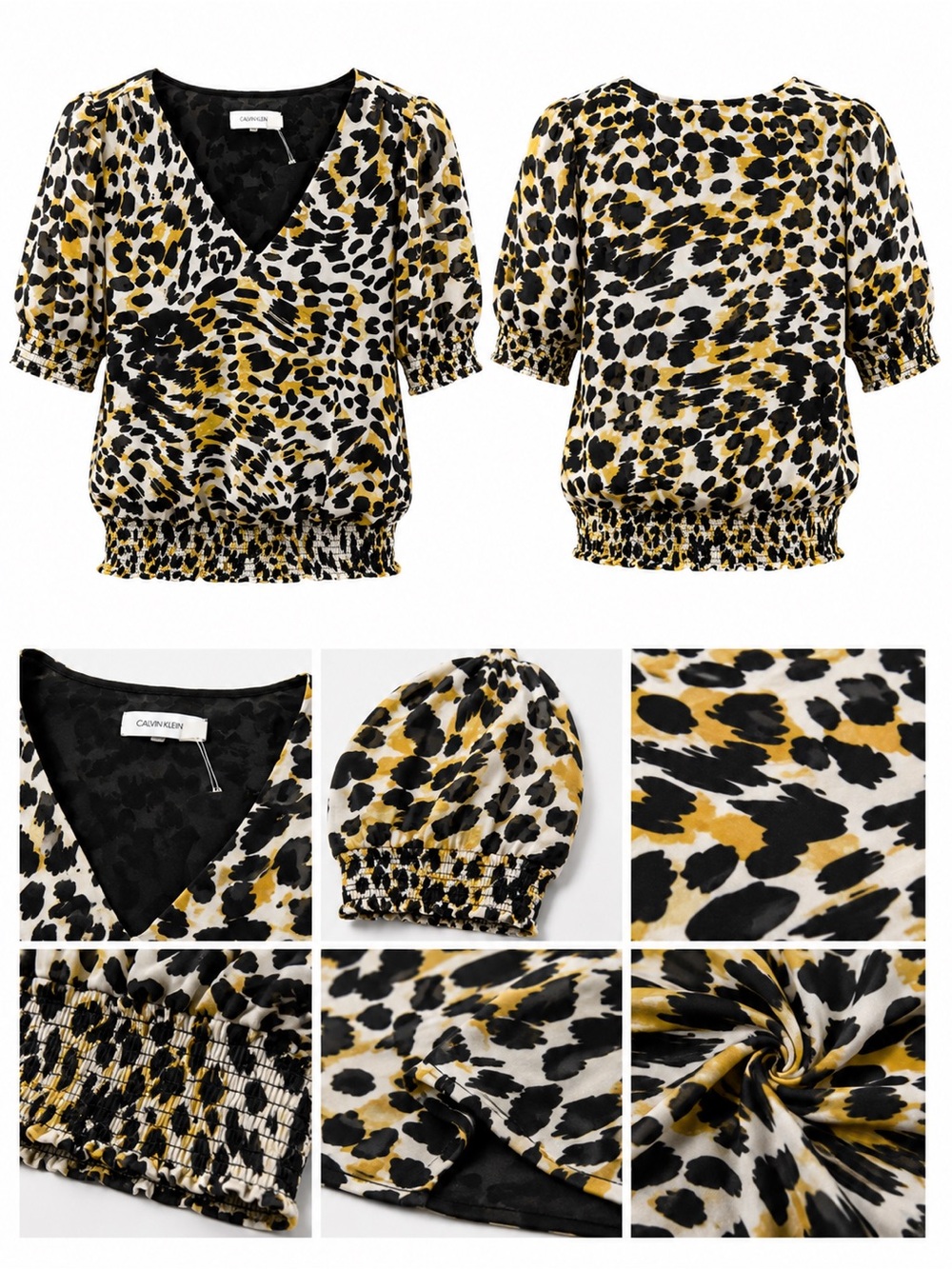 Calvin Klein Black, White & Mustard Animal Print V-Neck Blouse